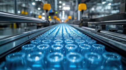 Automated production line for transparent beverage containers featuring visible packaging process