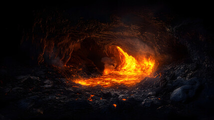 A fiery lava cave with lava pools and glowing rock formations, casting an eerie orange light across the dark underground cavern.
