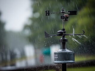 anemometer spinning rapidly, its shadow flickering across shingles as trees bend in the background