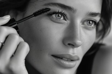 Obraz premium A striking close-up image of a woman applying mascara, highlighting her stunning eyes, perfectly shaped brows, and beautiful lashes in a classic black and white aesthetic.