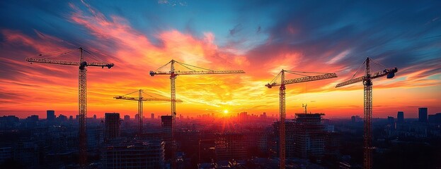 Obraz premium Silhouette city skyline at sunset with construction cranes.