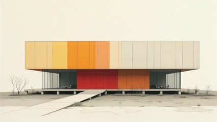 Obraz premium Minimalist Modern Architecture Colorful Building in Arid Landscape