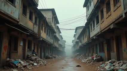 Fototapeta premium Desolate Alleyway in Foggy City, Poverty and Urban Decay