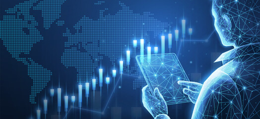 Broker trader analyzing global currency exchange and stock market charts.