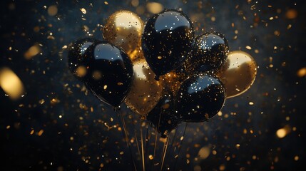 Black and gold balloons float against a dark background with golden confetti raining down.