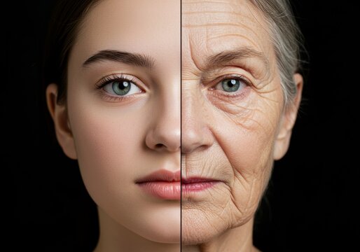 Youthful to Aged Face Comparison - Split face showing the contrast between youthful and aged skin, highlighting the effects of time and aging on facial features