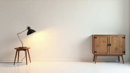 A calm and simple interior scene. The soft light from the table lamp creates a warm focal point in the left corner of the room, illuminating a small wooden table.