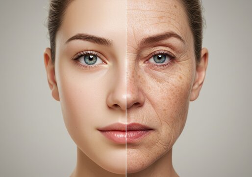 Ageing Skin Comparison: Youthful vs Mature - Split face showing the contrast between youthful and mature skin, highlighting the effects of aging. Ideal for skincare, anti-aging, and cosmetic products