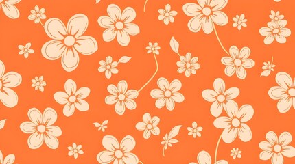 Cheerful Orange Seamless Background with Cream Floral Pattern