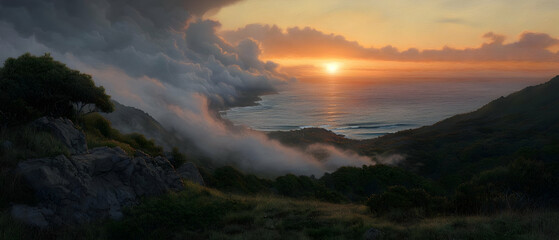 Naklejka premium Misty Sunrise Over Coastal Hills