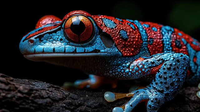Bright colorful poison frog resting on dark forest branch
