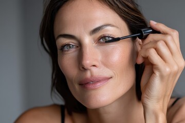 Fototapeta premium A close-up of a woman applying mascara with a confident expression, showcasing beauty and self-care as key elements in her routine together with her radiant skin.