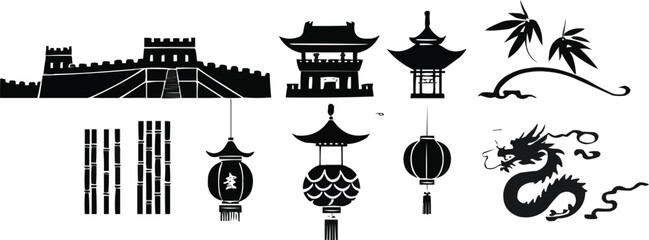 A collection of black silhouettes representing iconic Chinese symbols on a white background