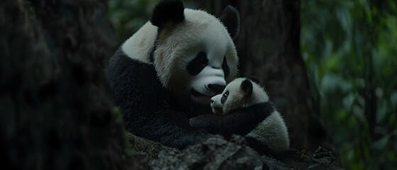 Obraz premium Panda Mother and Cub in Forest