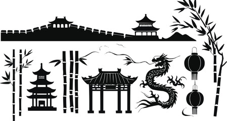 Great Wall of China, Chinese pagoda, bamboo stalks, dragon motif, and Chinese lanterns 