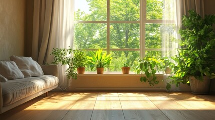 Sunny living room, plants, sofa, window, hardwood floor, interior design, home decor, sunlight, relaxation, advertisement