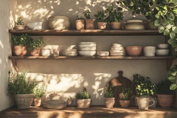 Rustic kitchen shelves, filled with plants and pottery, bathed in sunlight  Shadows play on the light beige walls