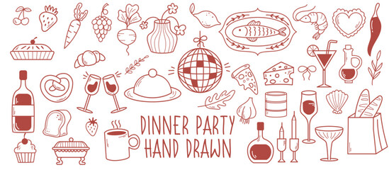 Dinner party hand drawn vector, doodle food