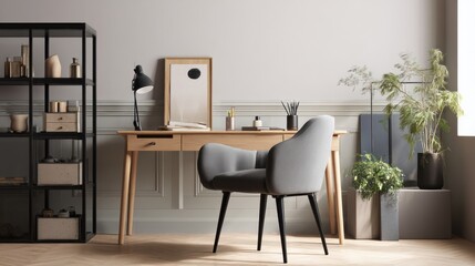 A stylish home office setup featuring a modern desk, comfortable chair, and decorative plants.