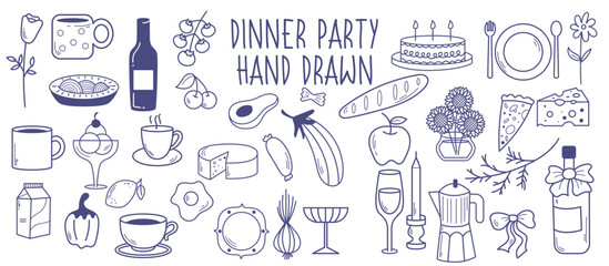 Dinner party hand drawn vector, doodle food