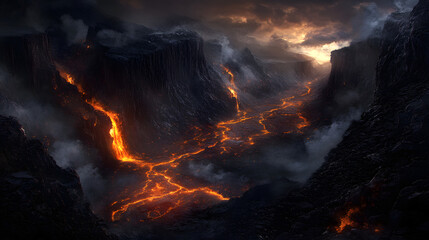 A flow of lava winding through rocky canyons, with molten rock cascading down the cliffs into the valley below.