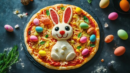 Obraz premium Easter pizza shaped rabbit, decorated with colorful eggs. Italian cuisine, tasty snack for holiday table. Food photography, culinary art. Easter celebration concept.