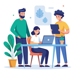 man sitting at his desk working on laptop, with woman standing near him holding phone, designed in flat style vector 
