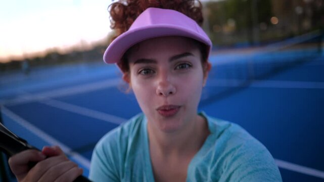 Redhead tennis player in pink visor capturing playful selfies and candid moments on blue court, radiating energy and joy during leisure activity