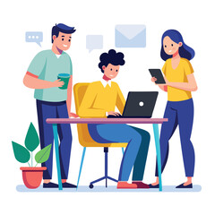 man sitting at his desk working on laptop, with woman standing near him holding phone, designed in flat style vector 
