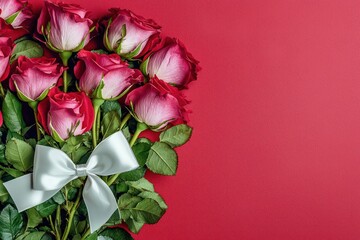 Lush pink and red roses arranged diagonally, tied with a satin white bow, placed on a bold red background with soft shadows and clean negative space, ultra-sharp HD detail.