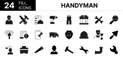 Collection of 24 handyman fill icons featuring editable strokes. These outline icons depict various modes of handyman, handyman, repairman, set, icon, accident, building, business, carpenter, carpente