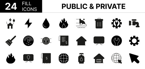 Collection of 24 Public & private line icons featuring editable strokes. These outline icons depict various modes of Public & private, icon, apartment, bill, cctv, charger, civil, cleaning, electricit