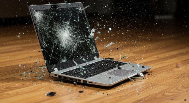 Shattered Laptop Screen on Wood Floor - A laptop with a shattered screen lies on a wooden floor, pieces of glass scattered around it. The impact is clearly visible