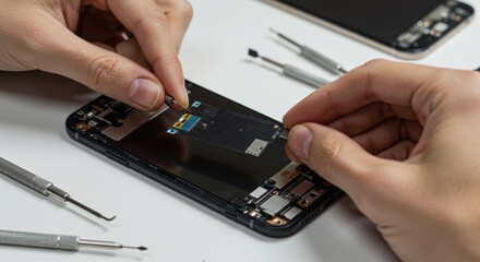 Smartphone Repair and Maintenance - Close-up shot of hands carefully repairing a smartphone, focusing on the intricate internal components