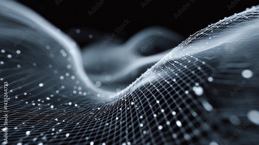 Poster abstract digital wave representing data flow with luminous particles and mesh structure on a dark ba