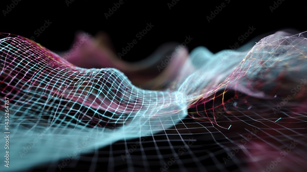 Poster Abstract digital waves illustrating data visualization in vibrant colors with intricate grid patterns in a dark background.