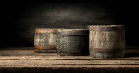 Vintage Wooden Barrels on Rustic Wooden Table