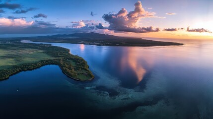 Fototapeta premium Mauritius, Black River, Flic-en-Flac, Helicopter panorama of Indian Ocean at dusk with island in background