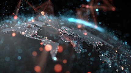 An abstract representation of a digital world map with glowing connections symbolizing global interaction.
