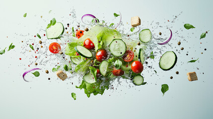 Salad Explosion: A vibrant burst of fresh, colorful vegetables frozen mid-air. A culinary masterpiece.