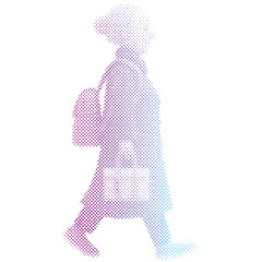 Mature woman walking looking to the future cartoon halftone gradient color
