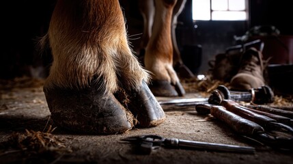 Close-up of a horse's hooves amidst tools in a rustic stable, showcasing the bond between horse and handler.