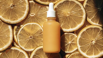 The bottle should have no label, no text, no logo, and no images or decorative elements on it Orange dropper bottle on citrus slice background, zesty fresh design