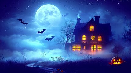 Spooky Halloween Night Haunted House Under a Full Moon