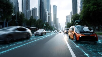Fototapeta na wymiar Futuristic urban road with electric vehicles and smart technology in a vibrant cityscape under soft evening light.