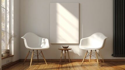 Minimalist living room with white chairs, empty canvas, and natural light creating a serene atmosphere.