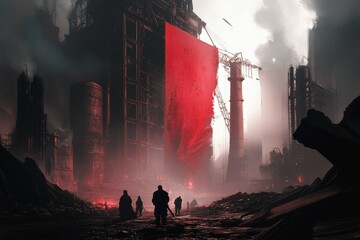 Post-apocalyptic landscape with red banner and silhouetted figures in industrial ruins