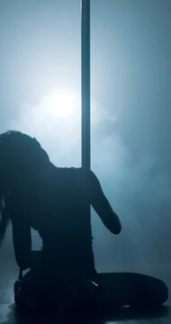 Sexy, silhouette and pole with dancer at club for exotic performance, burlesque and entertainment. Sensual, dancing and neon with female person on studio floor for movement, stripper tease and stage