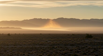 Naklejka premium Serene Sunset over Desert Landscape: Golden Rays Illuminate Mountain Range