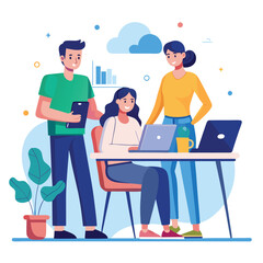 man sitting at his desk working on laptop, with woman standing near him holding phone, designed in flat style vector 
